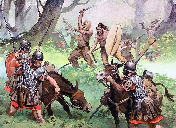 Modern illustration of early Germanic warriors ambushing Roman cavalry in a forest